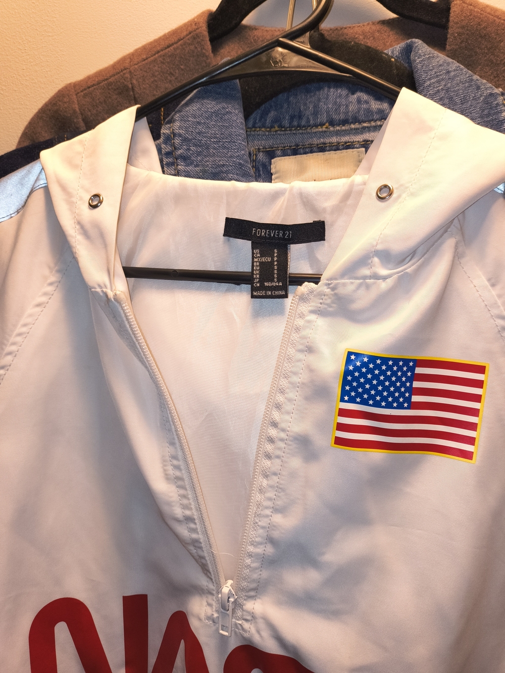 Forever 21 White Hooded Bomber Jacket with American Flag Patch